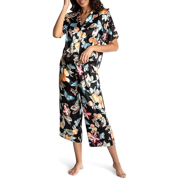 Secret Treasure Floral Black Soot Print Satin Cropped Pajama Sleep